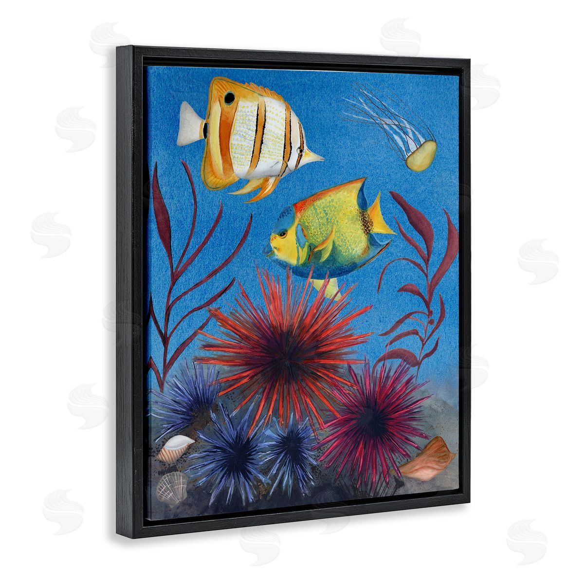 Seafaring Fish & Urchins Black Floating Frame Canvas Wall Art, Home Decor by Michelle Ingari Designs