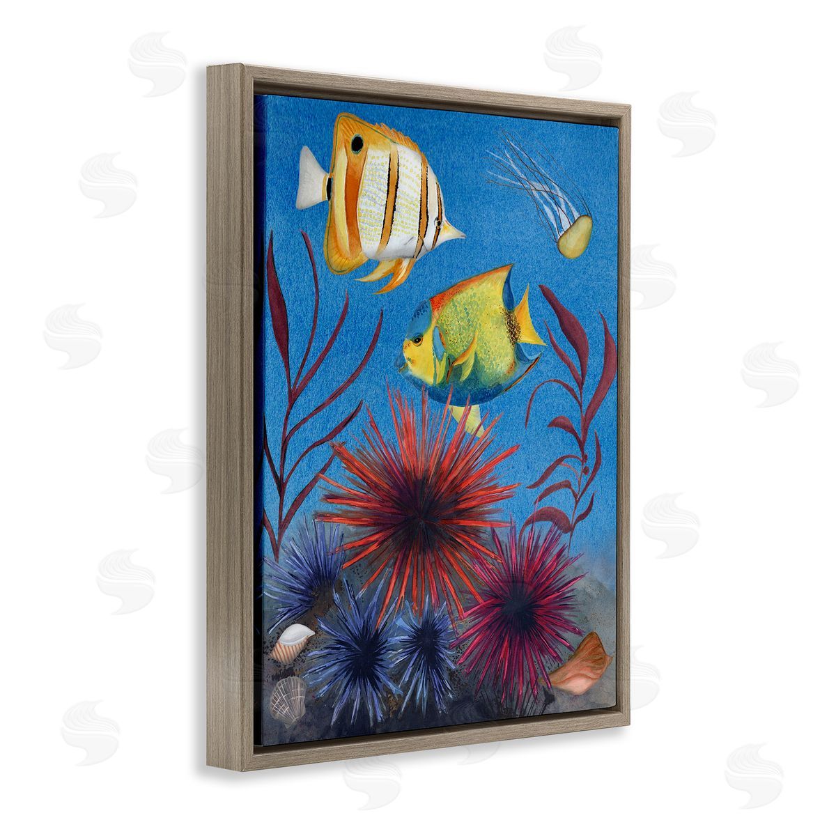 Seafaring Fish & Urchins Brown Floating Frame Canvas Wall Art, Home Decor by Michelle Ingari Designs
