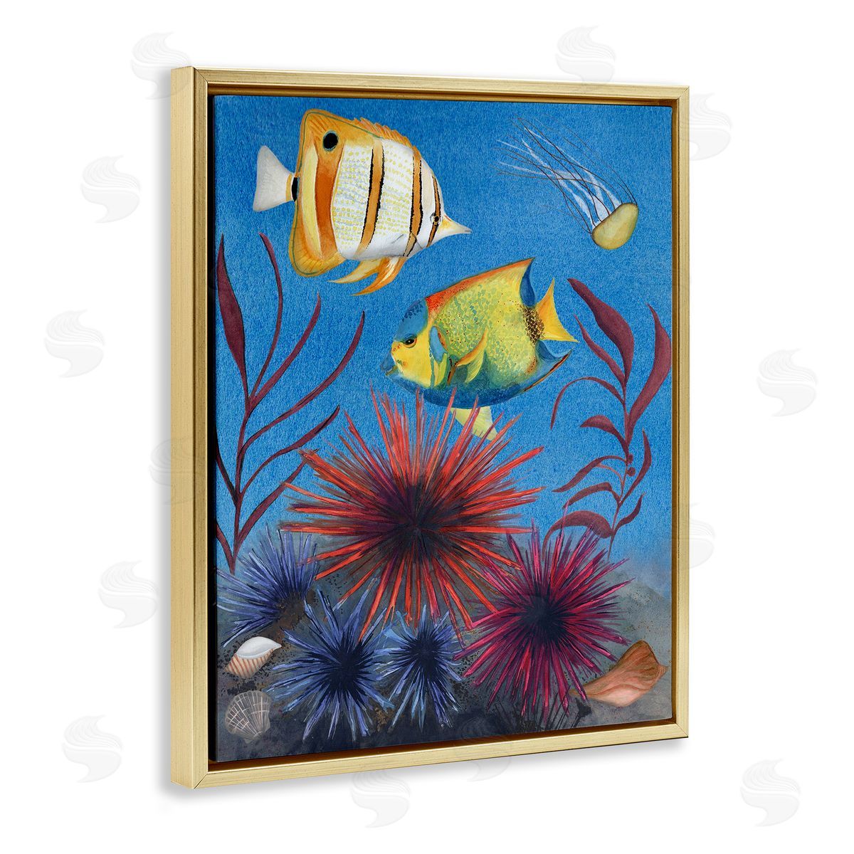 Seafaring Fish & Urchins Gold Floating Frame Canvas Wall Art, Home Decor by Michelle Ingari Designs