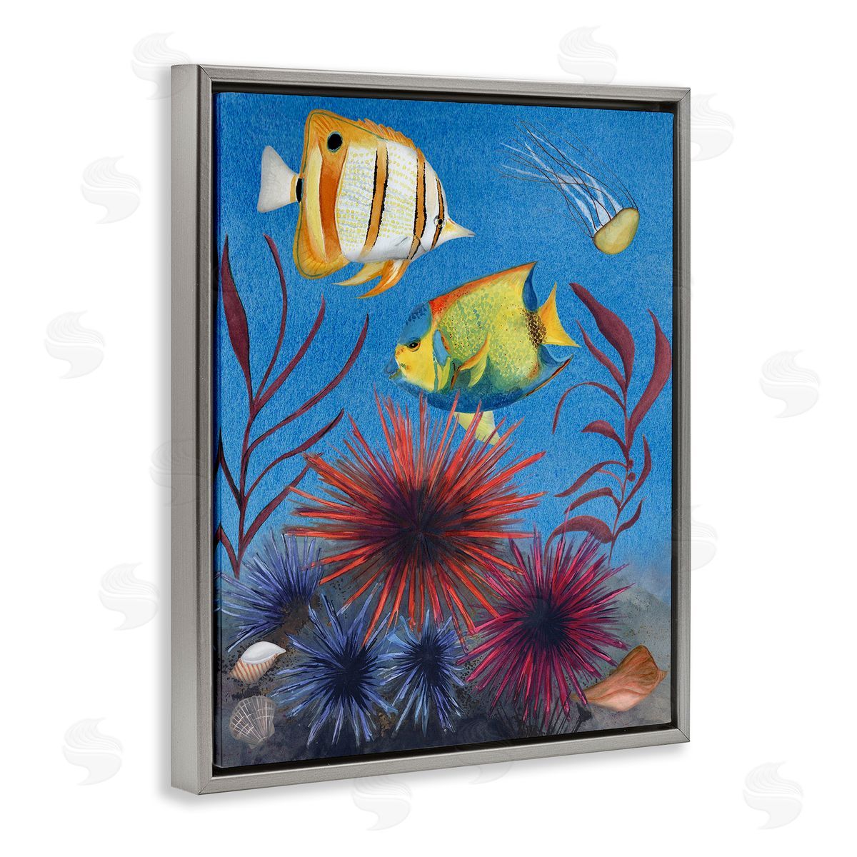 Seafaring Fish & Urchins Grey Floating Frame Canvas Wall Art, Home Decor by Michelle Ingari Designs