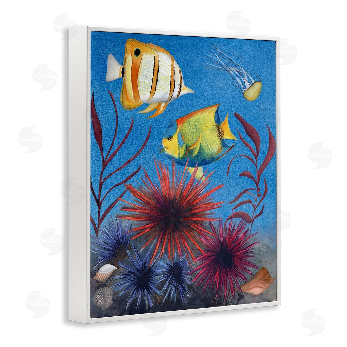 Seafaring Fish & Urchins White Frame Print Wall Art, Home Decor by Michelle Ingari Designs