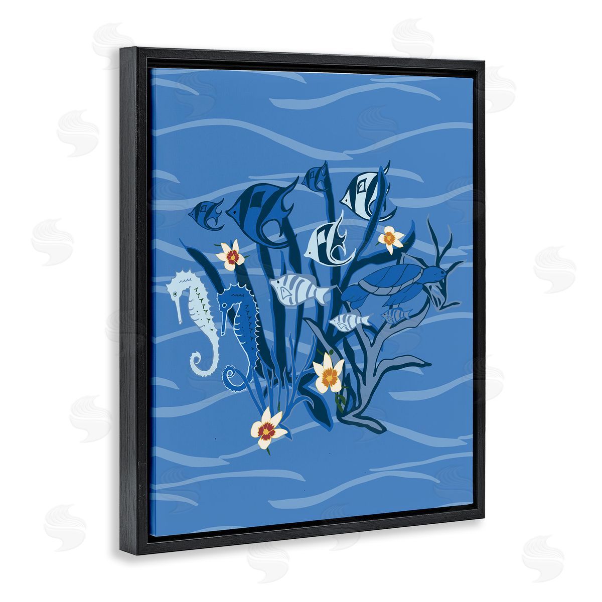 Blue Undersea Critters Black Floating Frame Canvas Wall Art, Home Decor by Michelle Ingari Designs