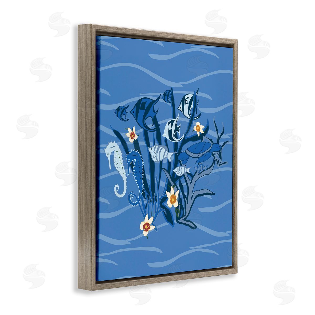 Blue Undersea Critters Brown Floating Frame Canvas Wall Art, Home Decor by Michelle Ingari Designs