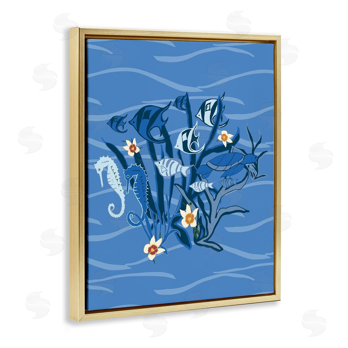 Blue Undersea Critters Gold Floating Frame Canvas Wall Art, Home Decor by Michelle Ingari Designs