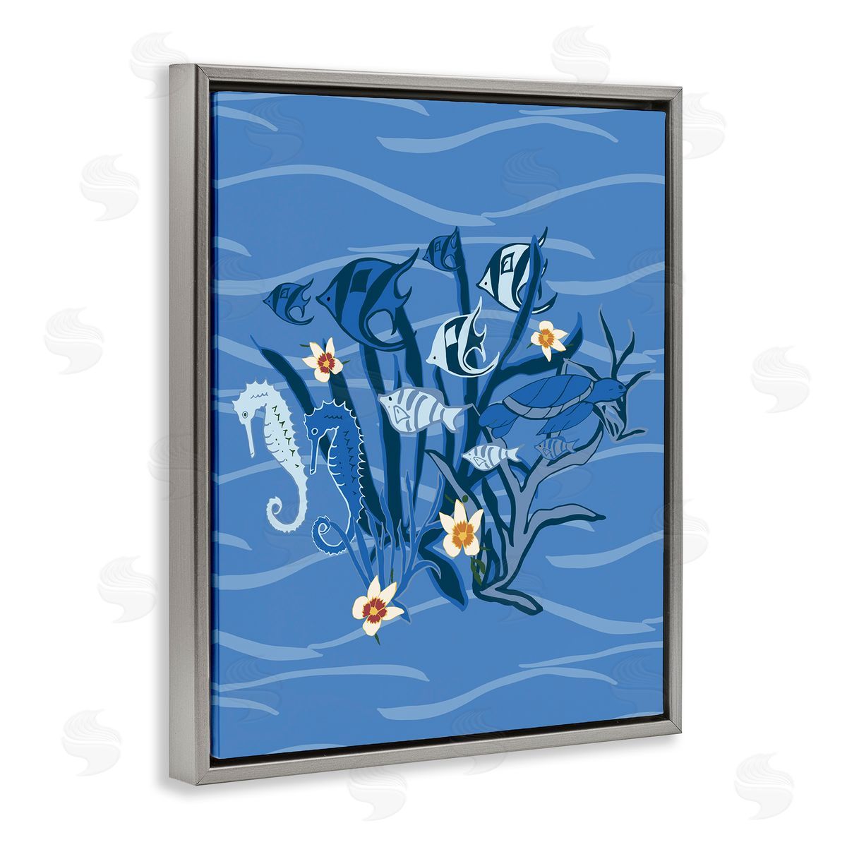 Blue Undersea Critters Grey Floating Frame Canvas Wall Art, Home Decor by Michelle Ingari Designs
