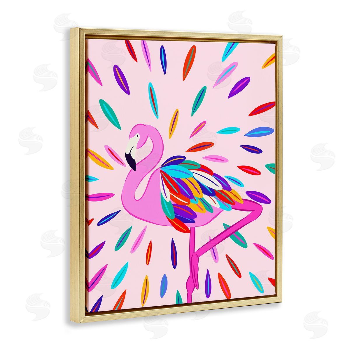 Flamingo Feather Flair Gold Floating Frame Canvas Wall Art, Home Decor by Catalina Aguirre
