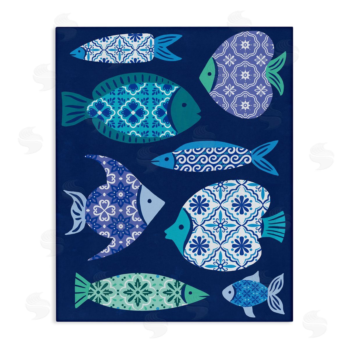 Mediterranean Tiles Fish Canvas Wall Art, Home Decor by Deborah Curiel