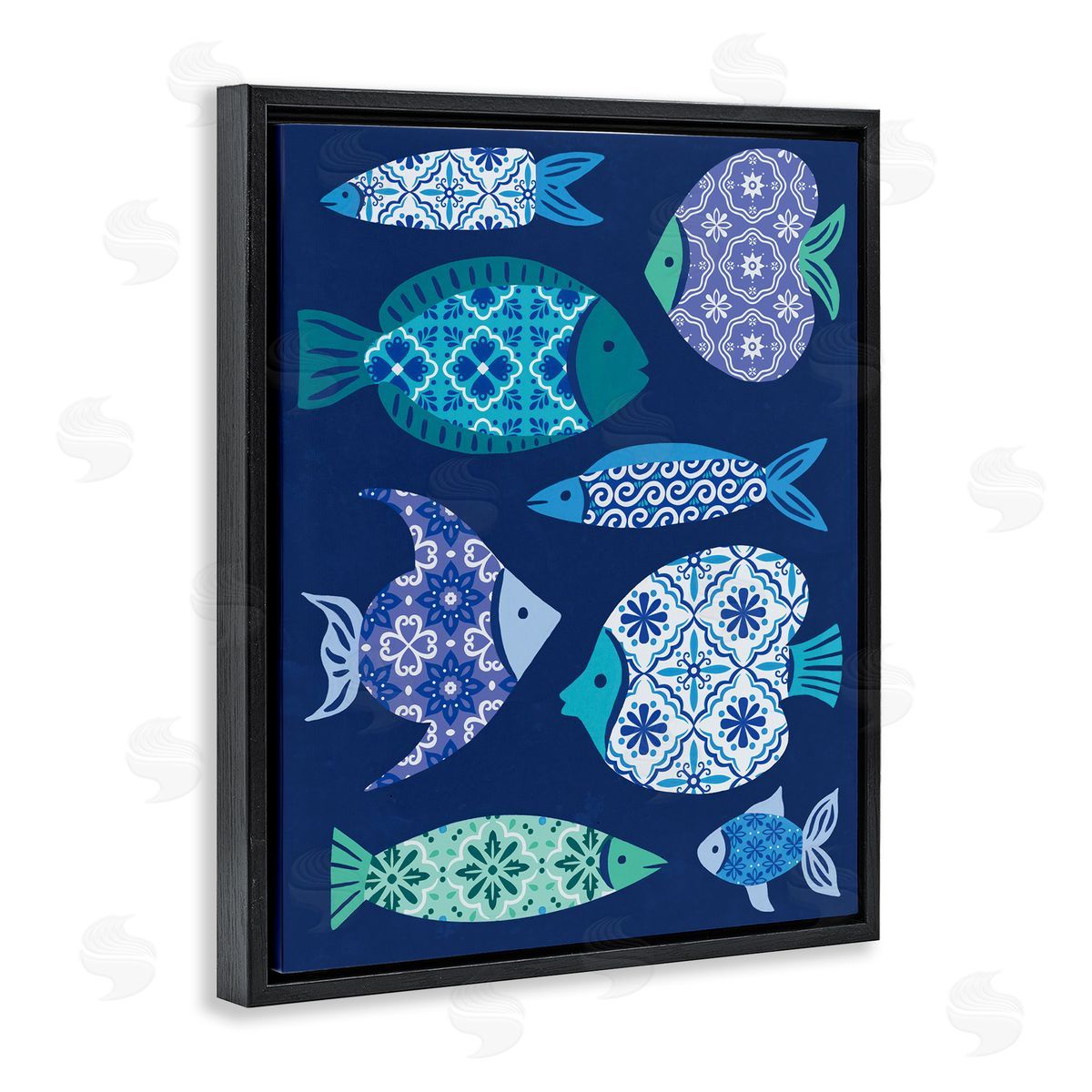 Mediterranean Tiles Fish Black Floating Frame Canvas Wall Art, Home Decor by Deborah Curiel