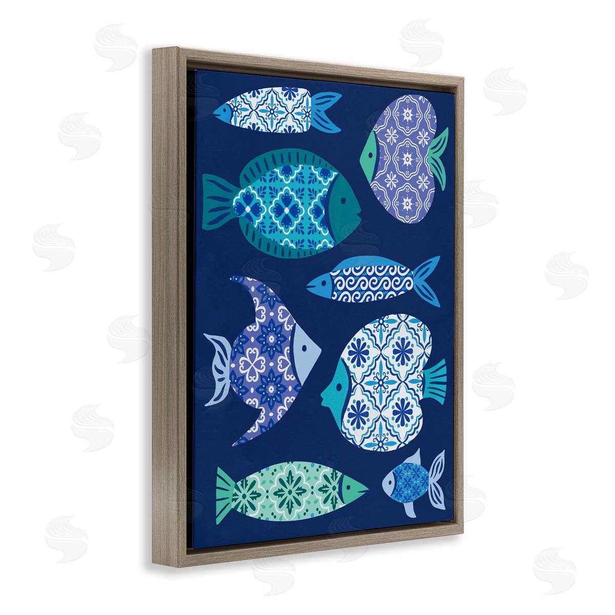 Mediterranean Tiles Fish Brown Floating Frame Canvas Wall Art, Home Decor by Deborah Curiel