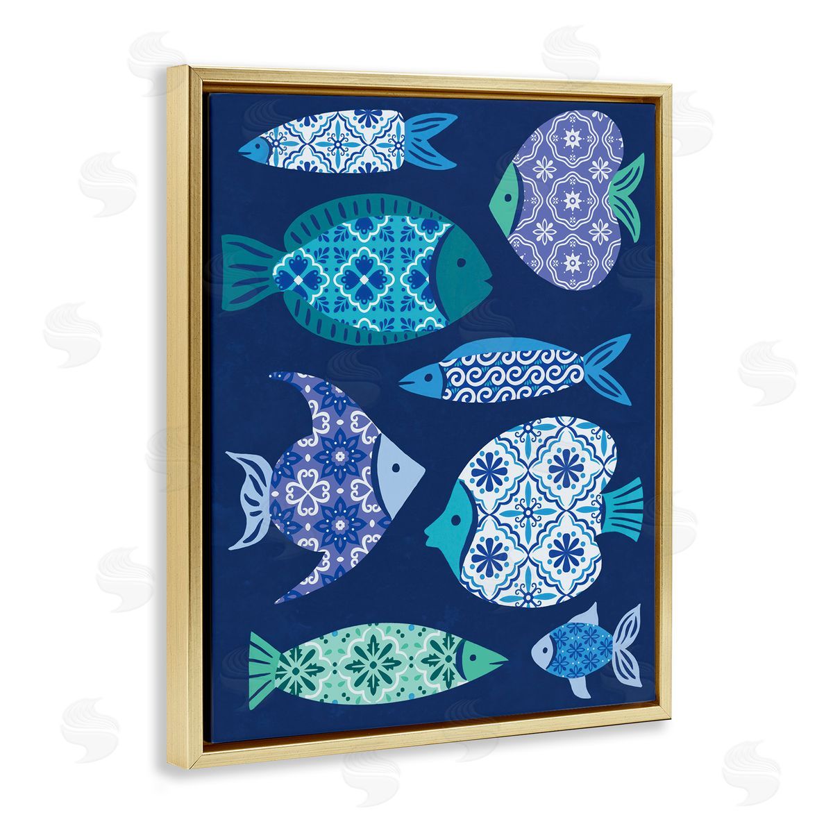 Mediterranean Tiles Fish Gold Floating Frame Canvas Wall Art, Home Decor by Deborah Curiel