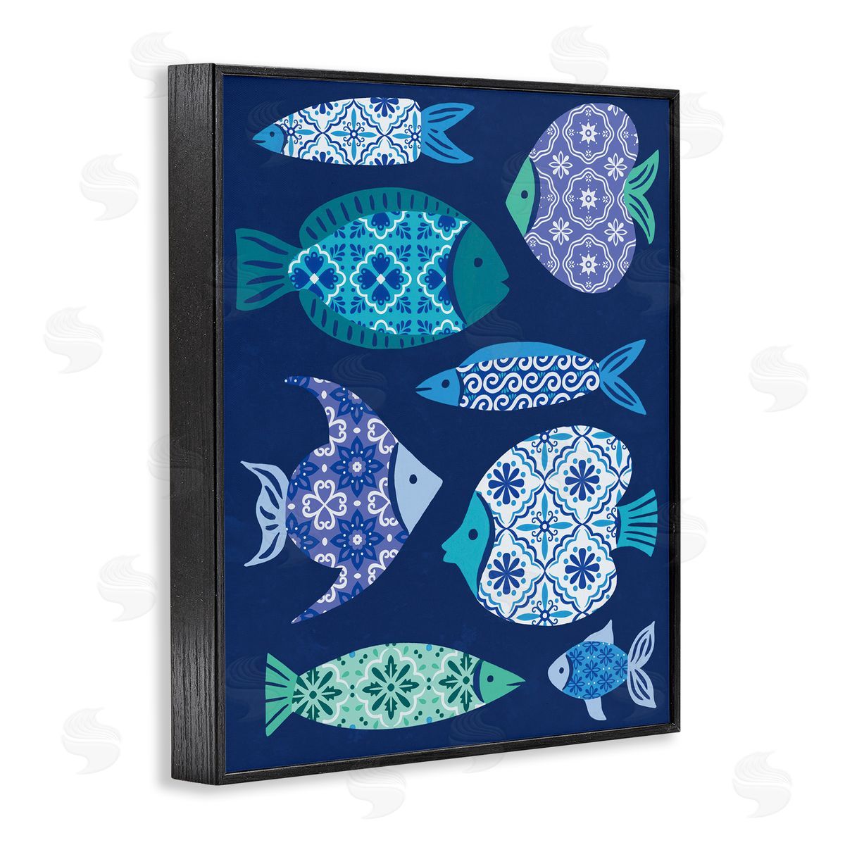 Mediterranean Tiles Fish Black Frame Print Wall Art, Home Decor by Deborah Curiel