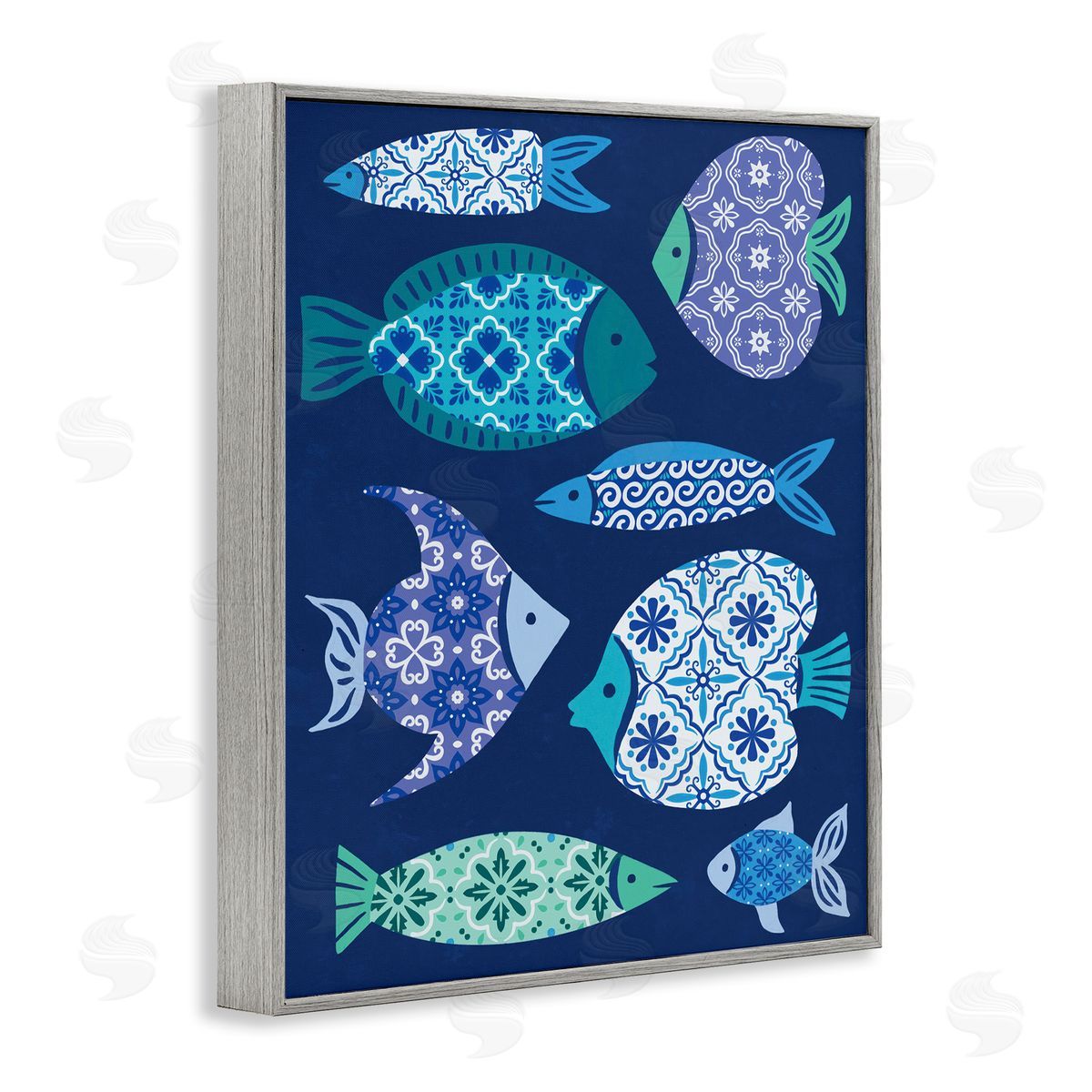 Mediterranean Tiles Fish Grey Frame Print Wall Art, Home Decor by Deborah Curiel