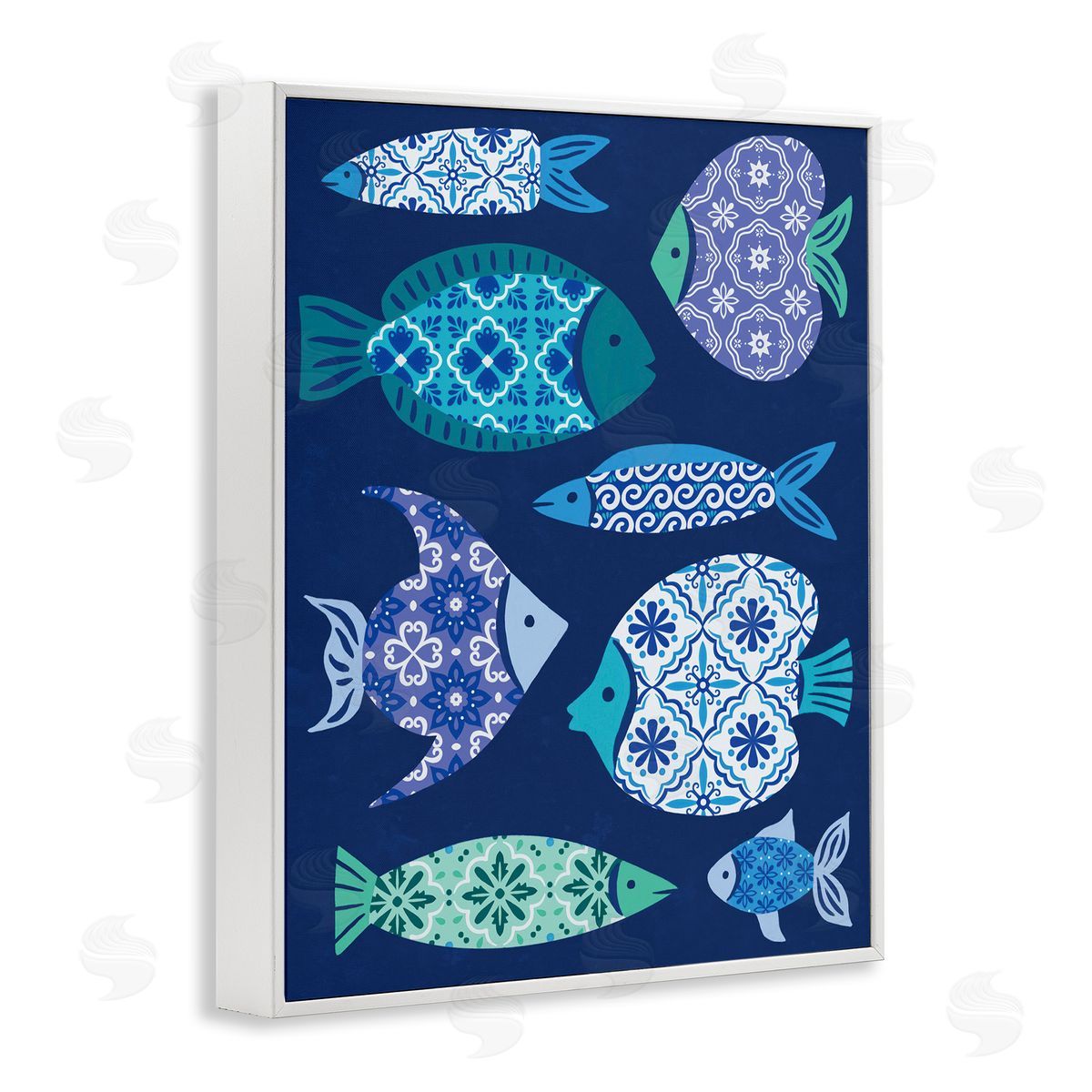 Mediterranean Tiles Fish White Frame Print Wall Art, Home Decor by Deborah Curiel