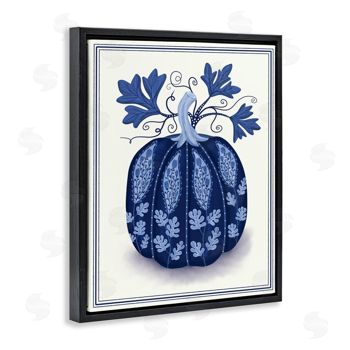Folk Pattern Fall Pumpkin Black Floating Frame Canvas Wall Art, Home Decor by Darlene Seale