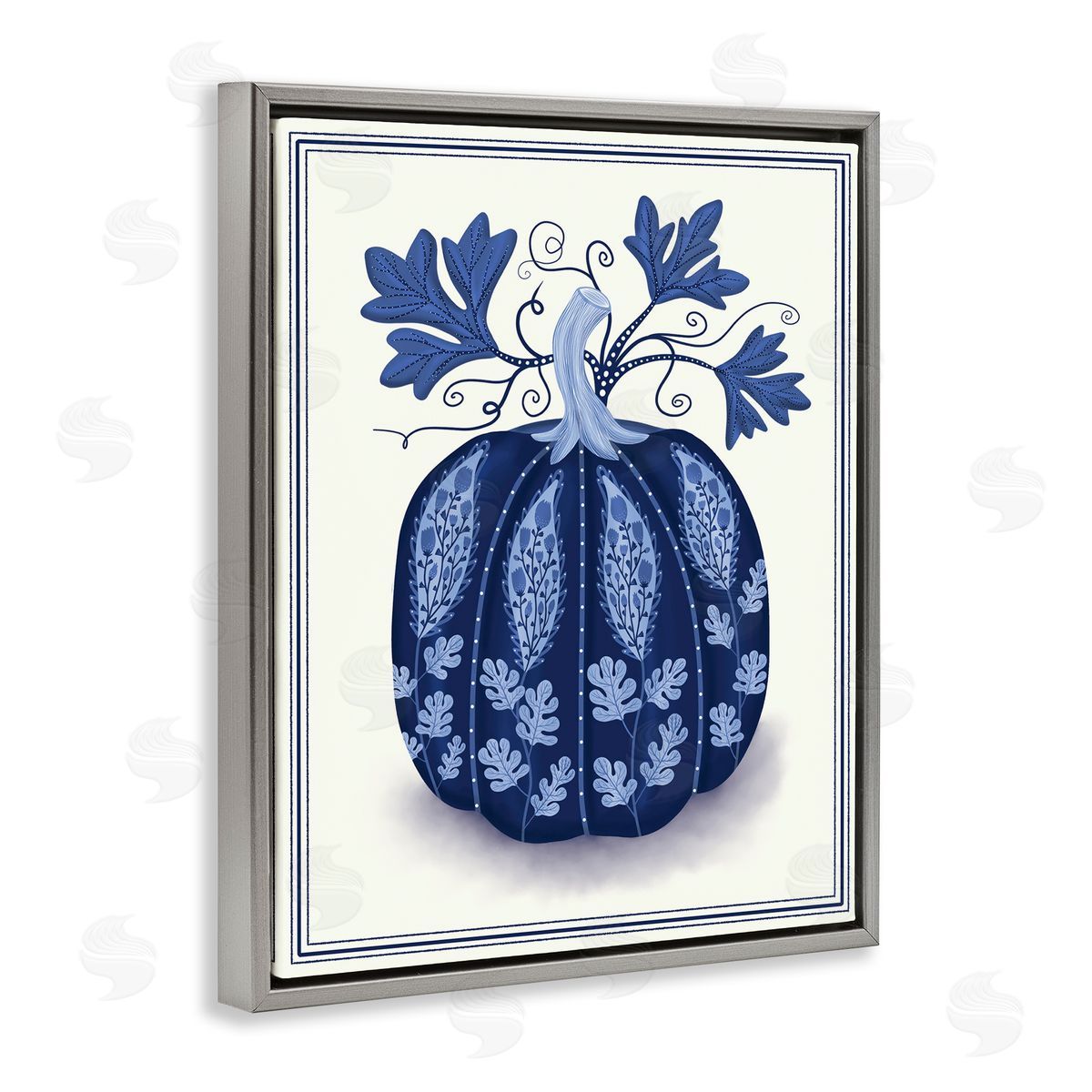 Folk Pattern Fall Pumpkin Grey Floating Frame Canvas Wall Art, Home Decor by Darlene Seale