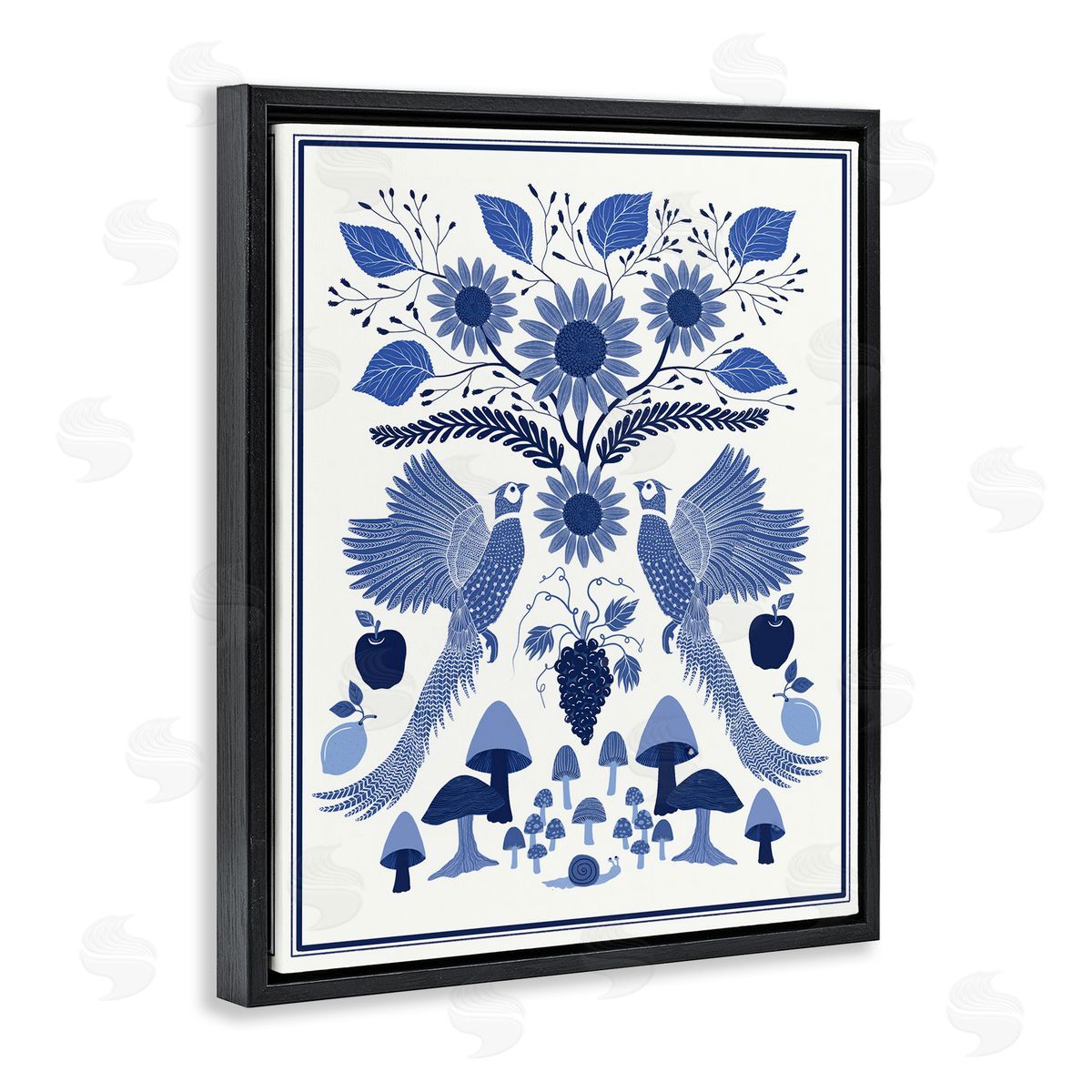 Woodland Blue Folk Pattern Black Floating Frame Canvas Wall Art, Home Decor by Darlene Seale