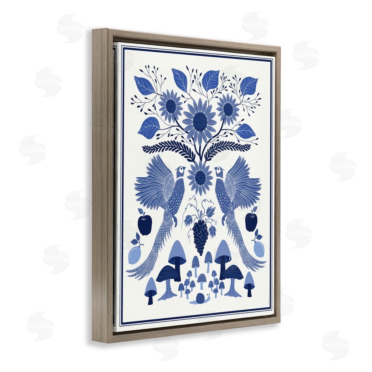 Woodland Blue Folk Pattern Brown Floating Frame Canvas Wall Art, Home Decor by Darlene Seale