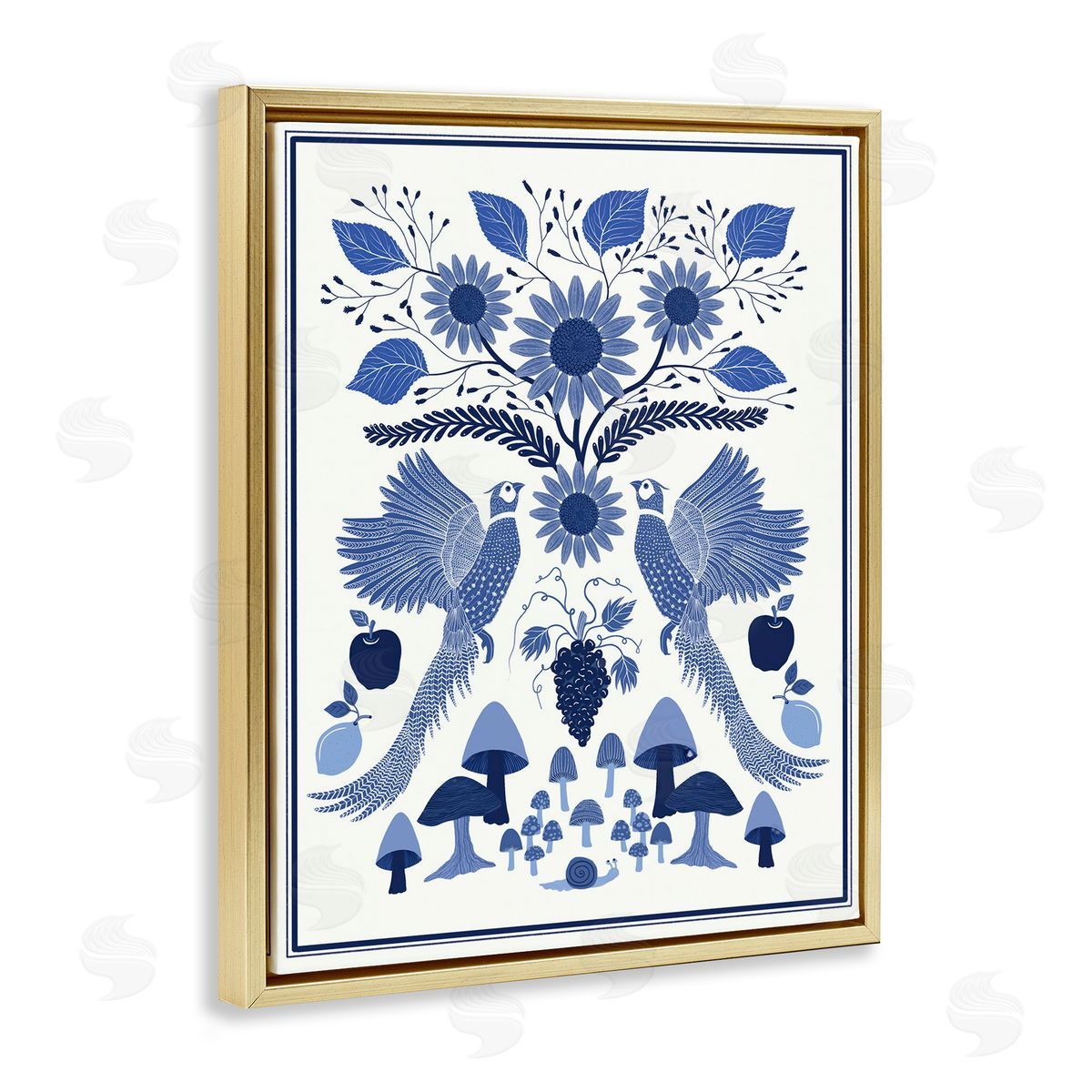 Woodland Blue Folk Pattern Gold Floating Frame Canvas Wall Art, Home Decor by Darlene Seale