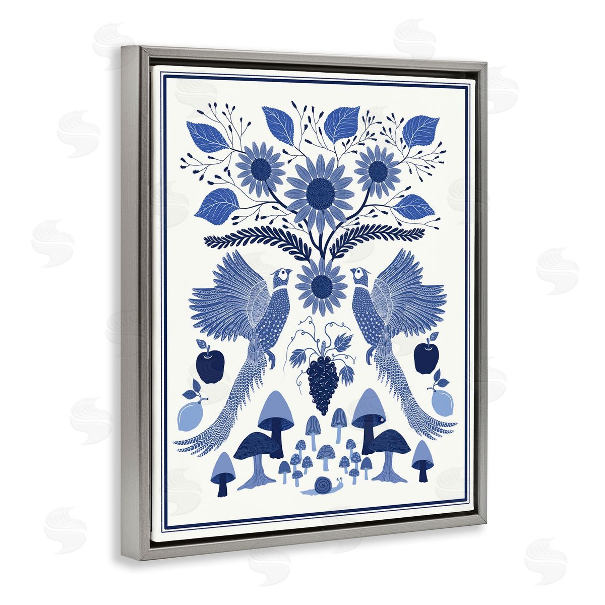Woodland Blue Folk Pattern Grey Floating Frame Canvas Wall Art, Home Decor by Darlene Seale