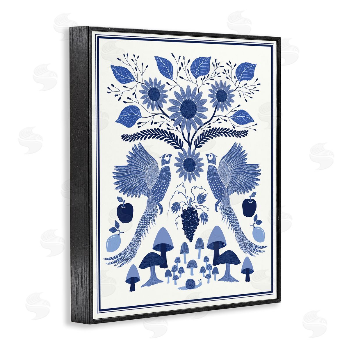 Woodland Blue Folk Pattern Black Frame Print Wall Art, Home Decor by Darlene Seale
