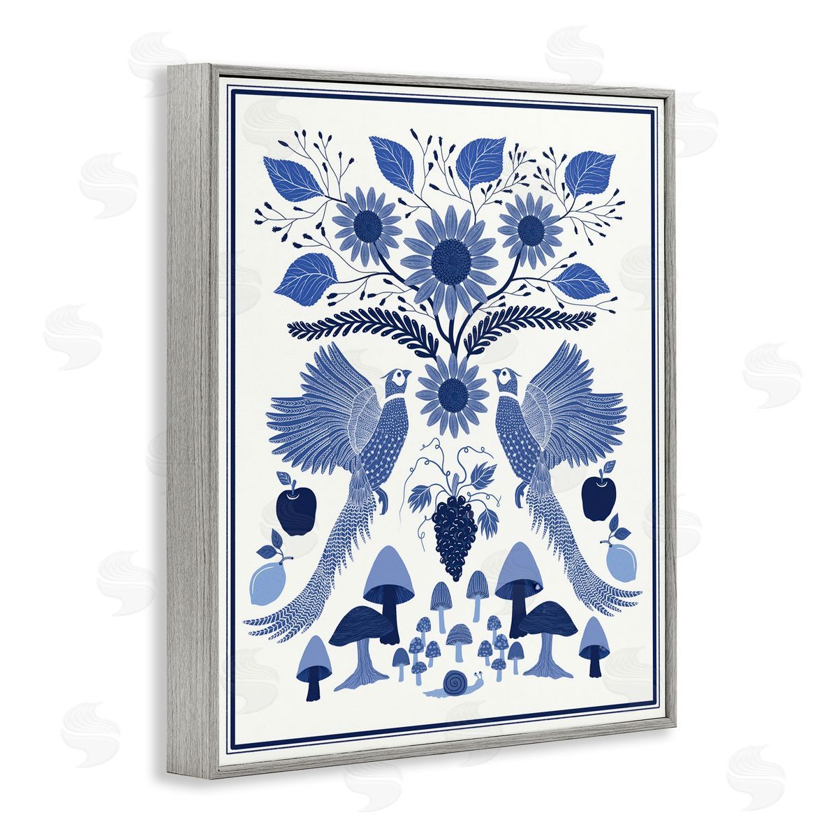 Woodland Blue Folk Pattern Grey Frame Print Wall Art, Home Decor by Darlene Seale