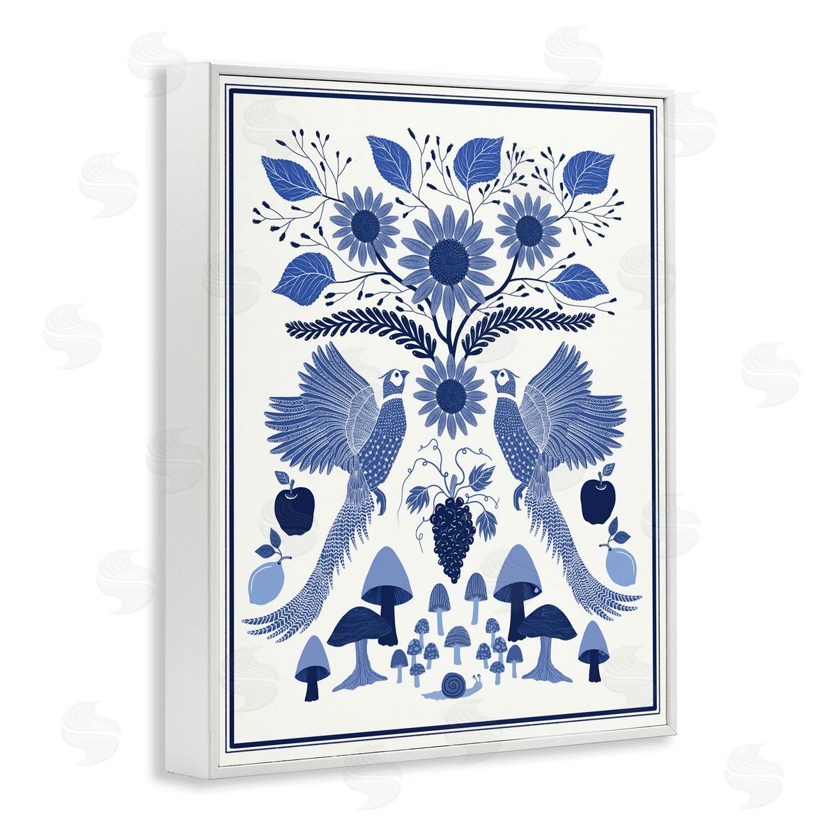 Woodland Blue Folk Pattern White Frame Print Wall Art, Home Decor by Darlene Seale