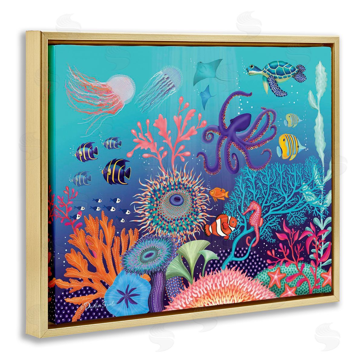 Darlene Seale Magical Underwater Reef Gold Floating Frame Canvas Wall Art Print