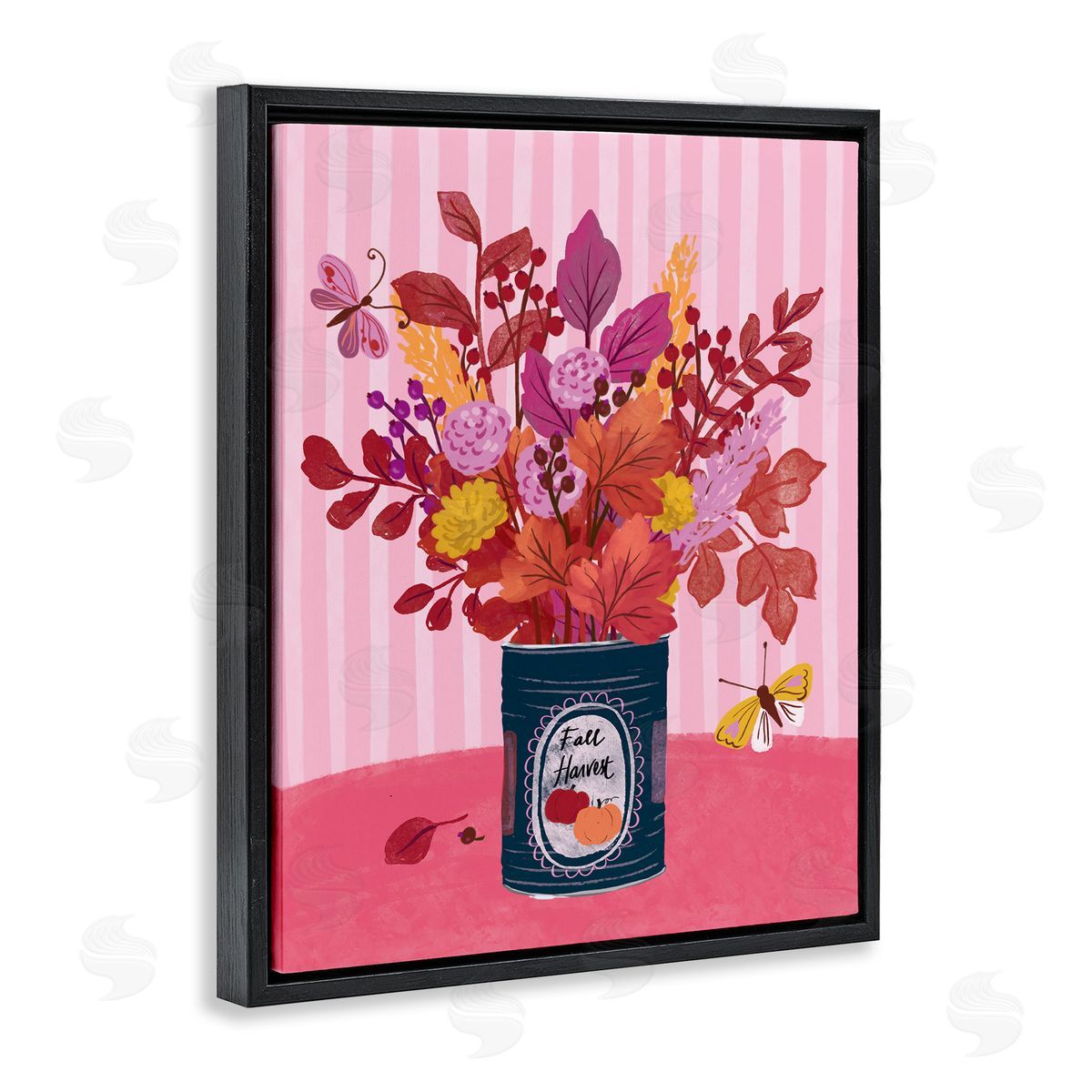 Fall Bouquet on Stripes Black Floating Frame Canvas Wall Art, Home Decor by Be Ni La