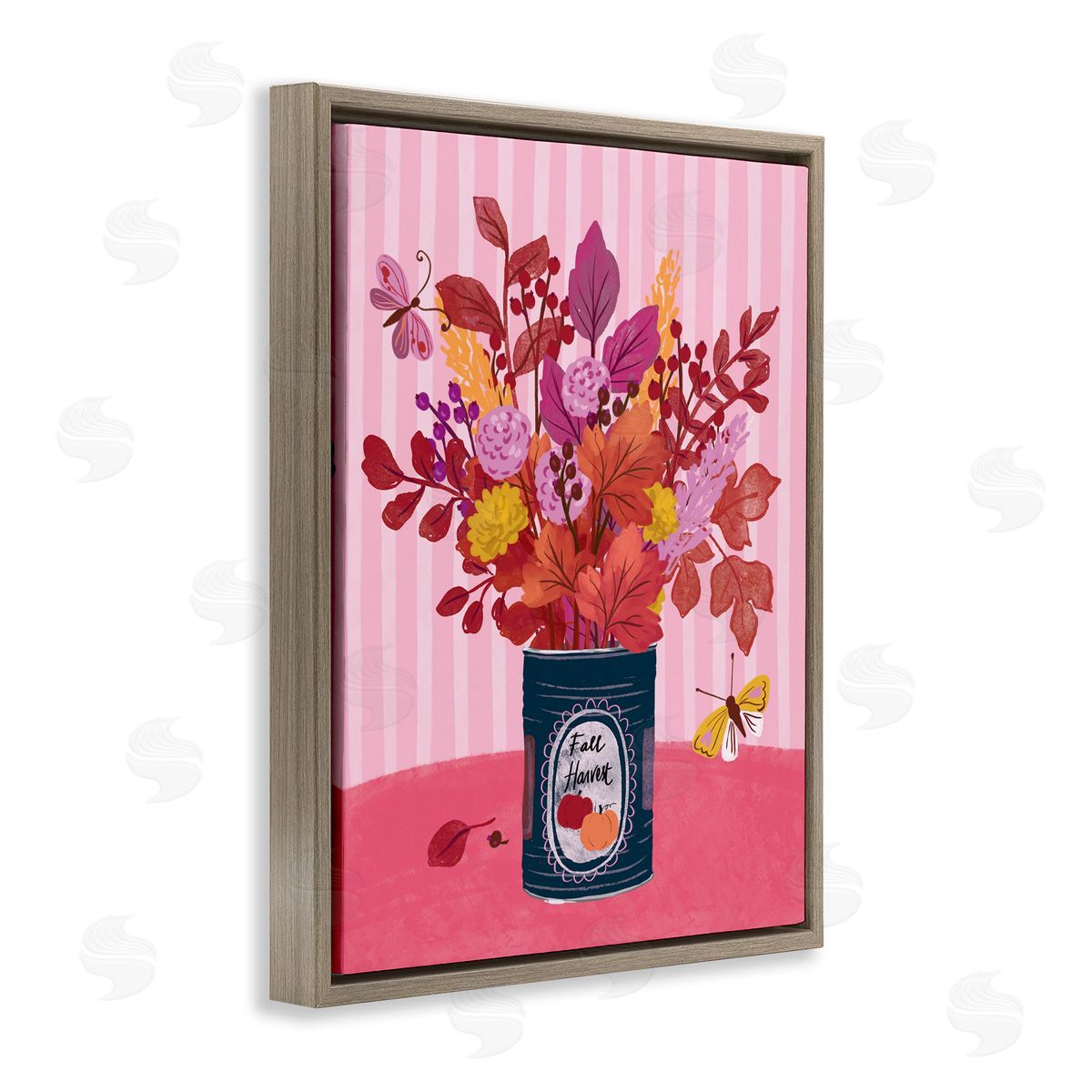 Fall Bouquet on Stripes Brown Floating Frame Canvas Wall Art, Home Decor by Be Ni La