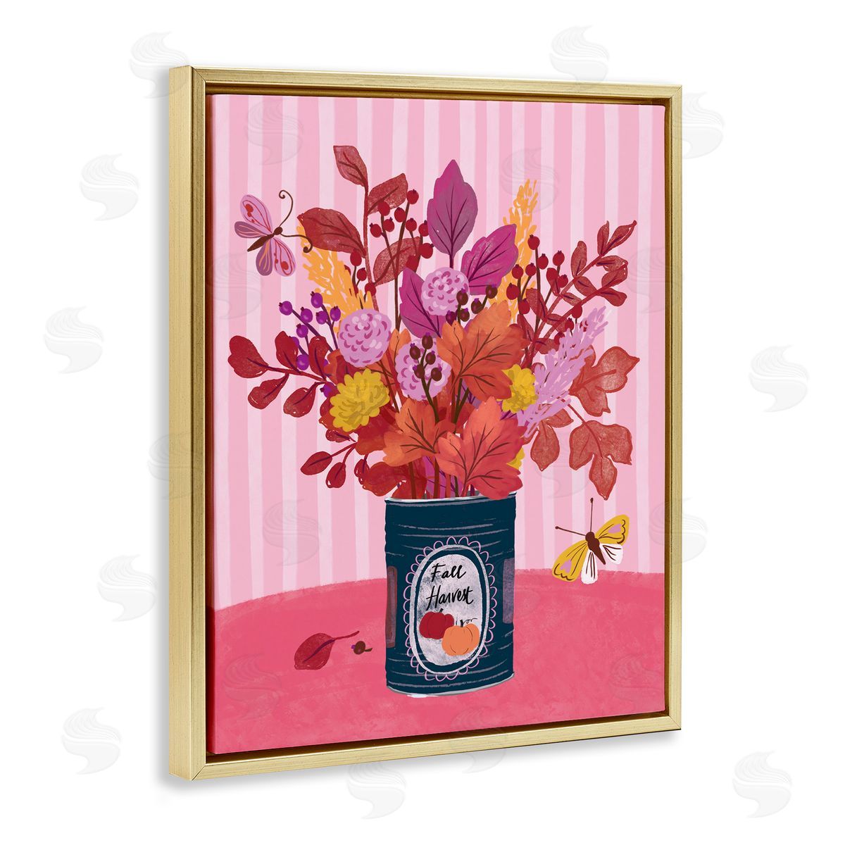 Fall Bouquet on Stripes Gold Floating Frame Canvas Wall Art, Home Decor by Be Ni La