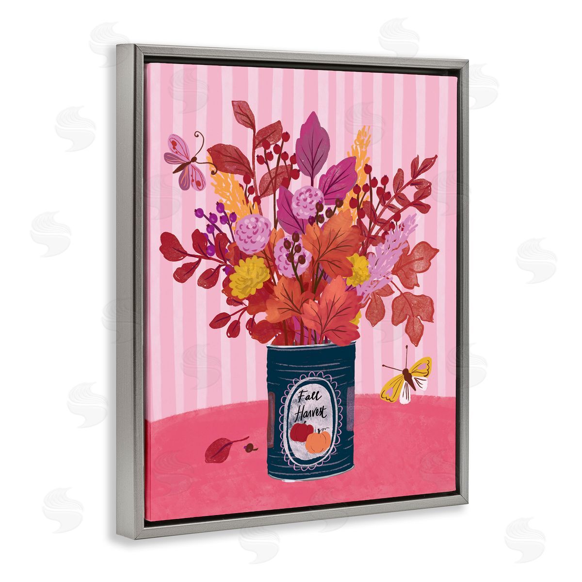 Fall Bouquet on Stripes Grey Floating Frame Canvas Wall Art, Home Decor by Be Ni La