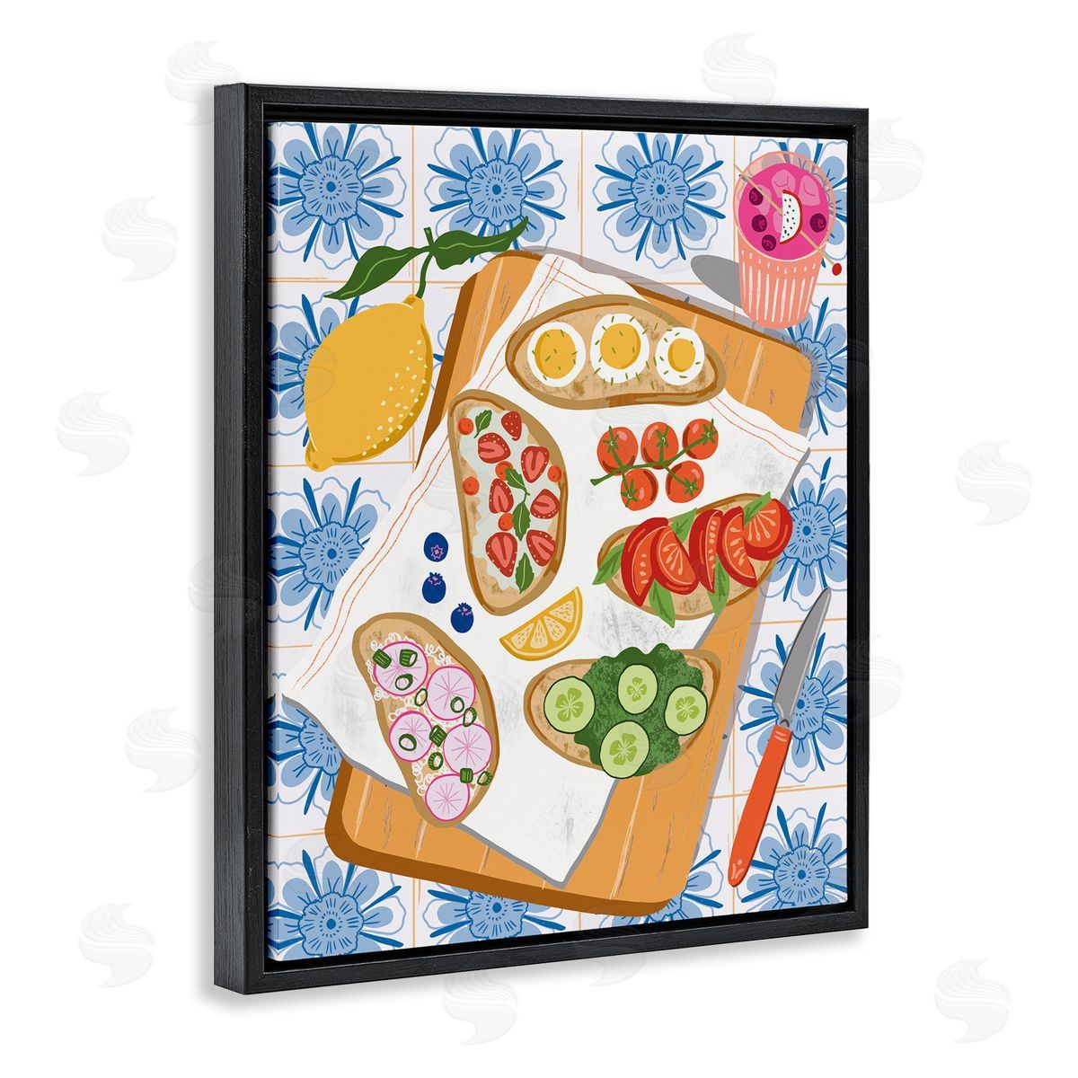 Delicious Toasts on Florals Black Floating Frame Canvas Wall Art, Home Decor by Jo Reid