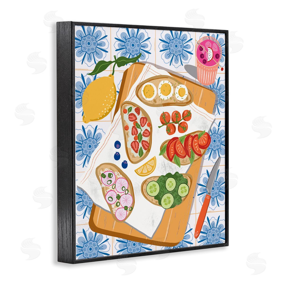 Delicious Toasts on Florals Black Frame Print Wall Art, Home Decor by Jo Reid