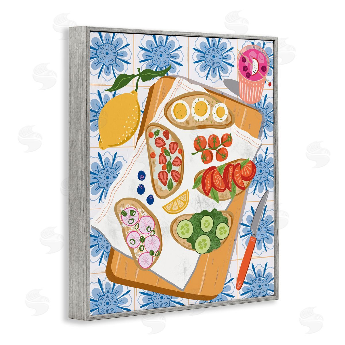 Delicious Toasts on Florals Grey Frame Print Wall Art, Home Decor by Jo Reid