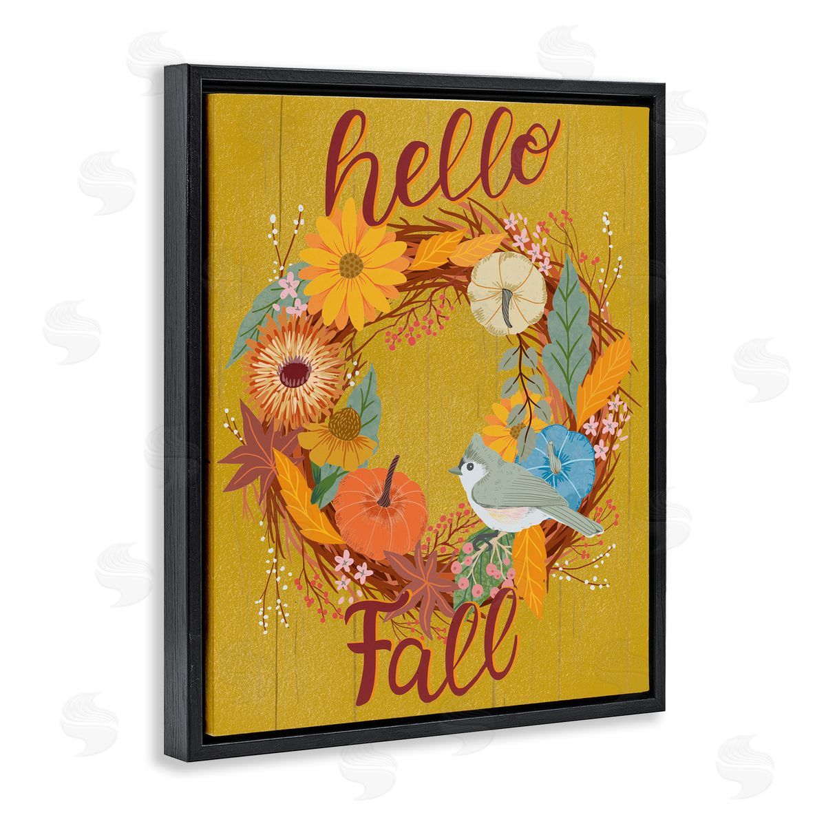Hello Fall Bird Wreath Black Floating Frame Canvas Wall Art, Home Decor by Jo Reid