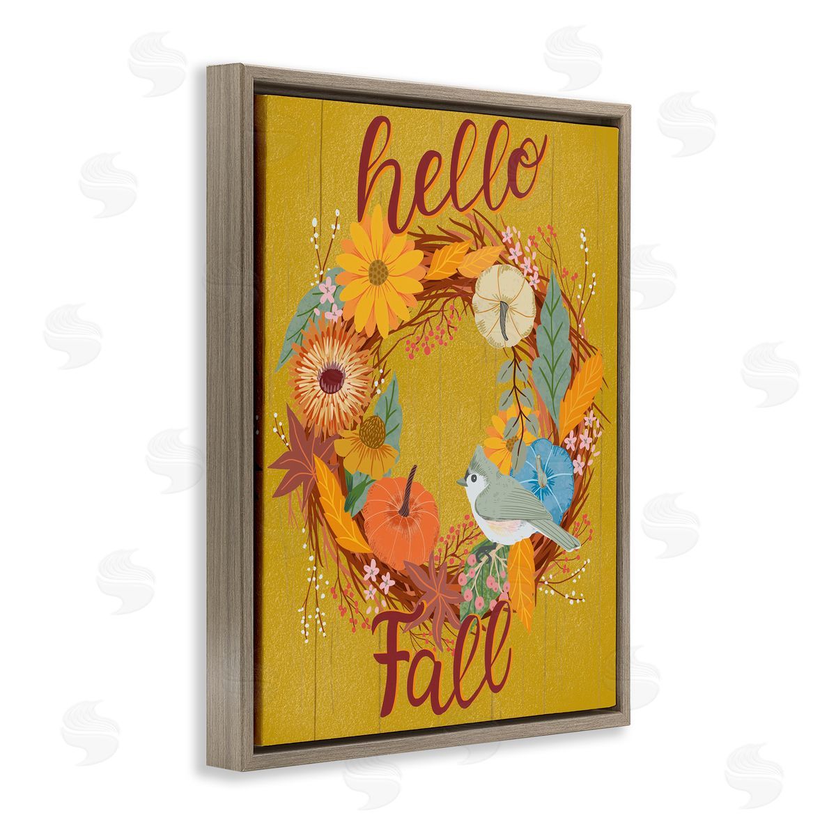 Hello Fall Bird Wreath Brown Floating Frame Canvas Wall Art, Home Decor by Jo Reid