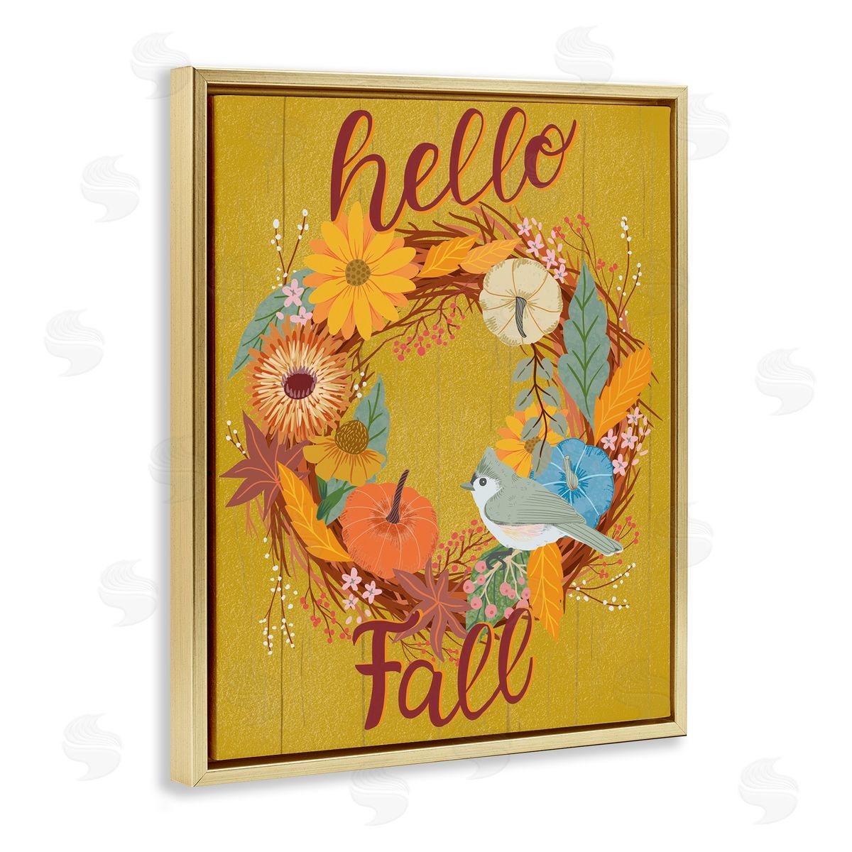 Hello Fall Bird Wreath Gold Floating Frame Canvas Wall Art, Home Decor by Jo Reid