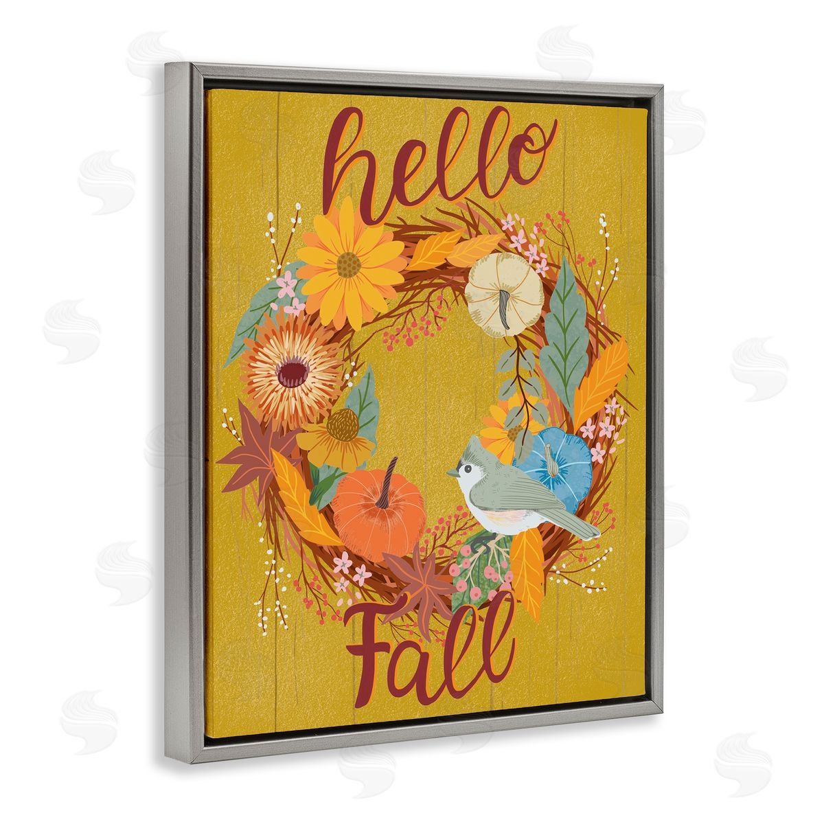 Hello Fall Bird Wreath Grey Floating Frame Canvas Wall Art, Home Decor by Jo Reid