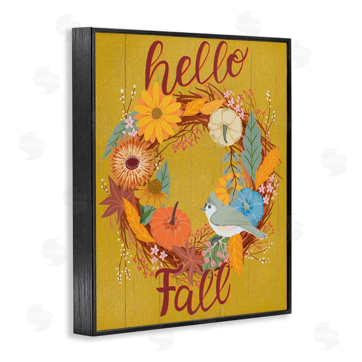 Hello Fall Bird Wreath Black Frame Print Wall Art, Home Decor by Jo Reid