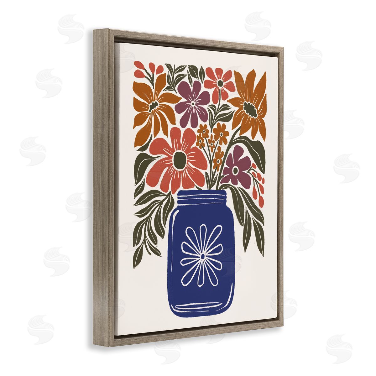 Boho Blossoms Vase Brown Floating Frame Canvas Wall Art, Home Decor by Loni Harris
