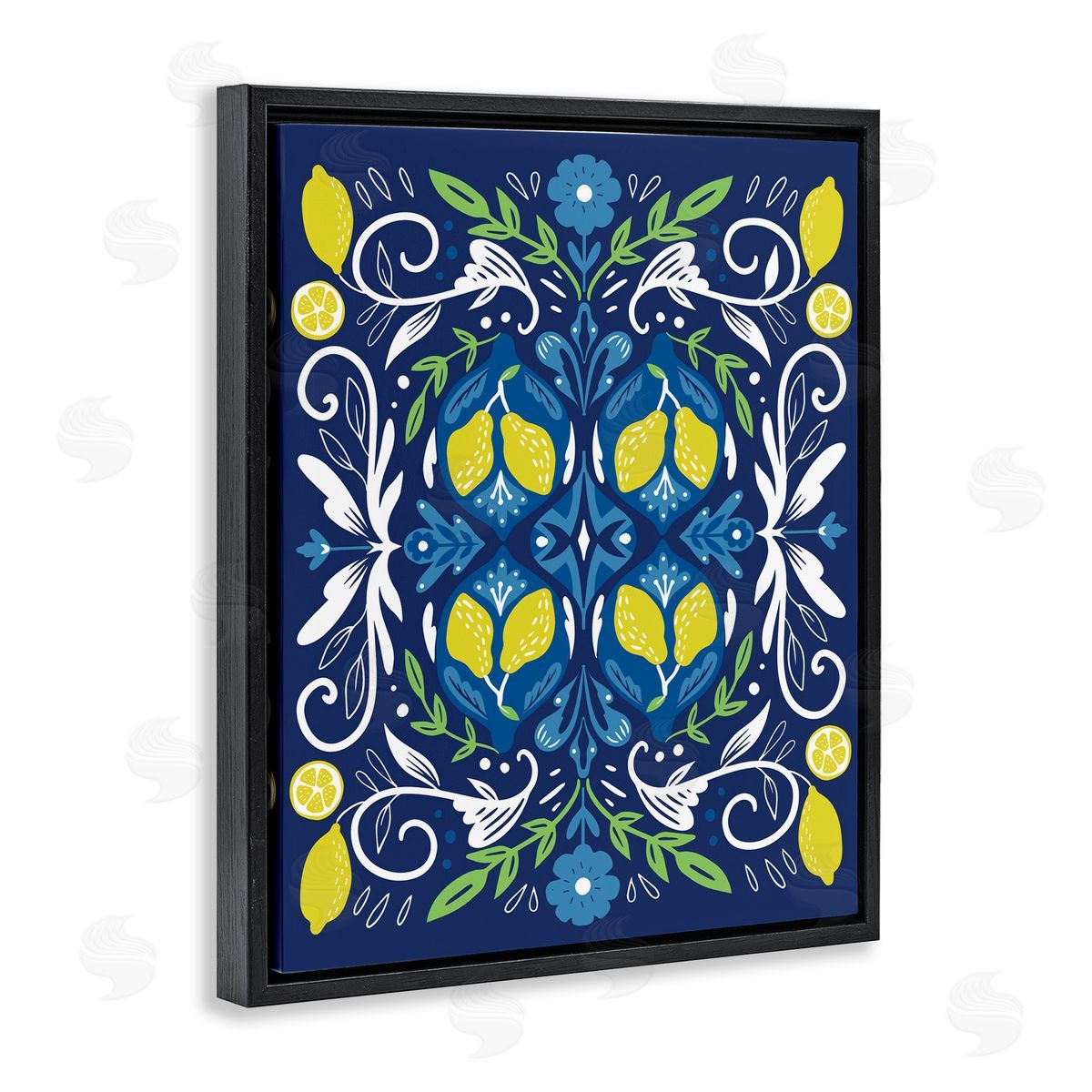 Mosaic Floral Pattern Black Floating Frame Canvas Wall Art, Home Decor by Louise Allen Designs