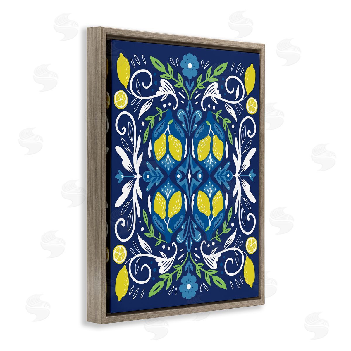 Mosaic Floral Pattern Brown Floating Frame Canvas Wall Art, Home Decor by Louise Allen Designs