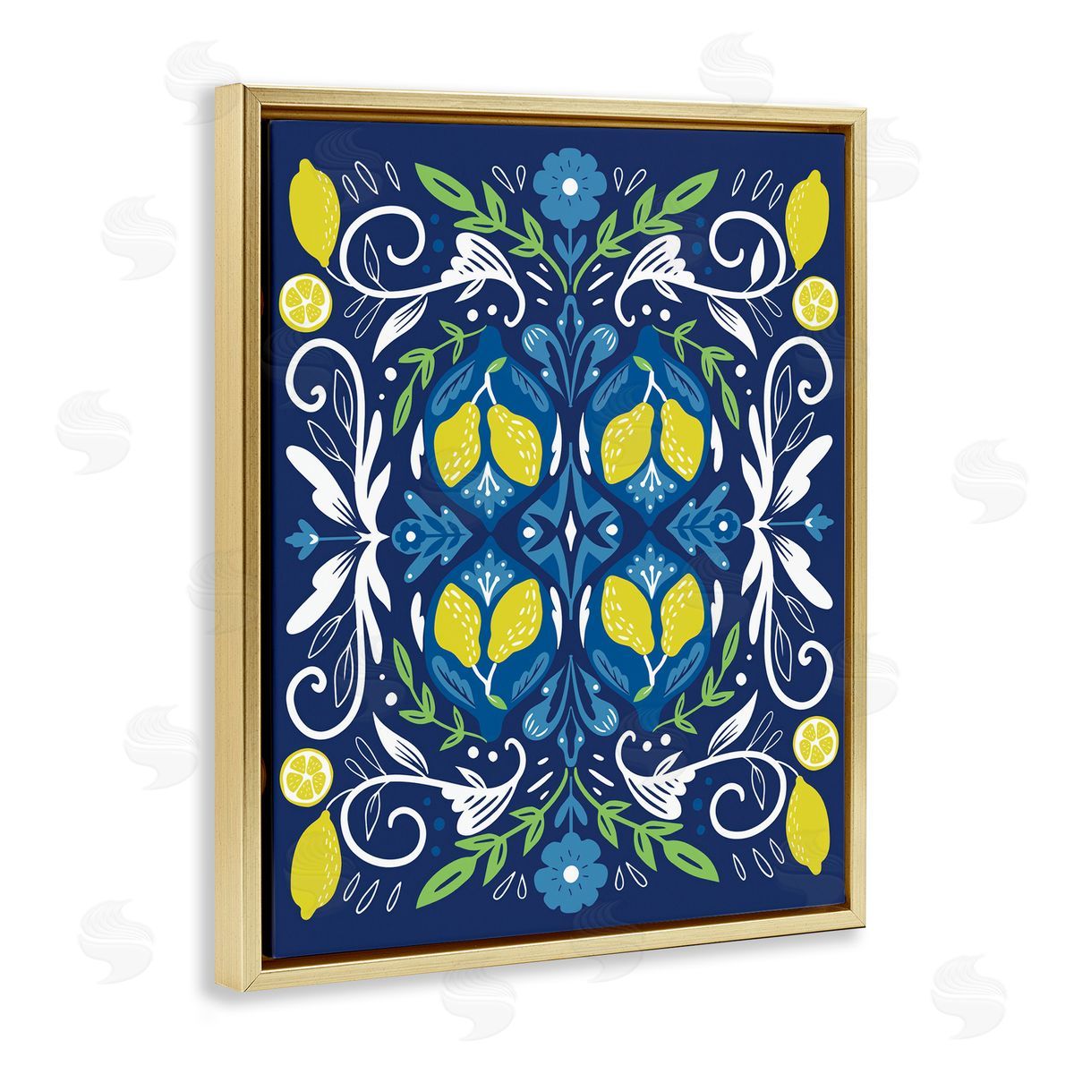 Mosaic Floral Pattern Gold Floating Frame Canvas Wall Art, Home Decor by Louise Allen Designs