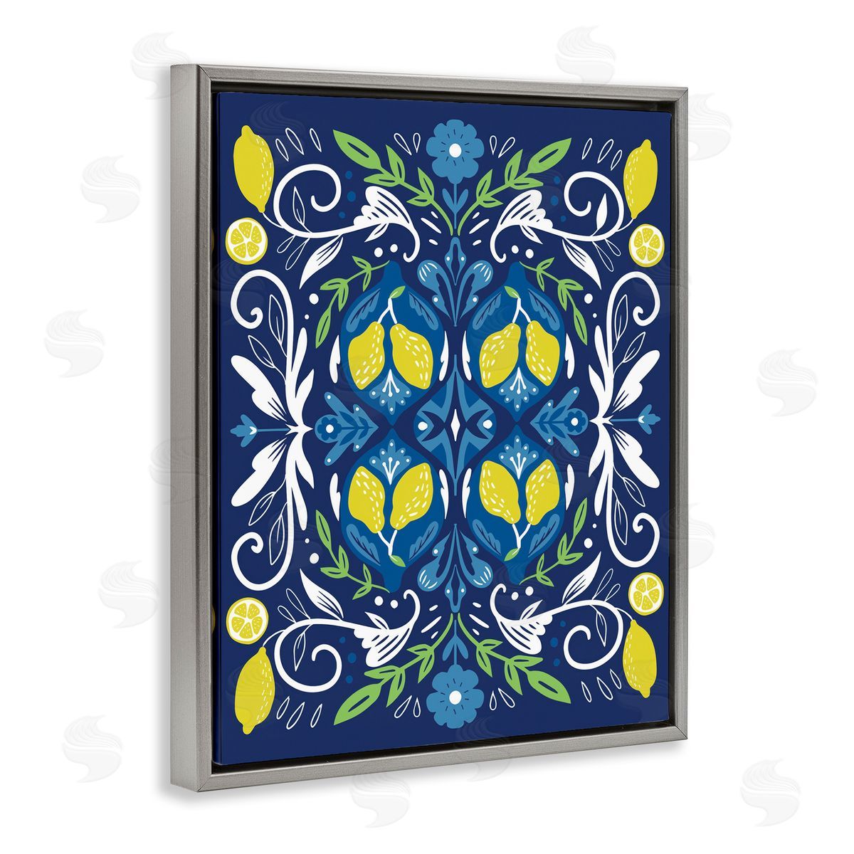 Mosaic Floral Pattern Grey Floating Frame Canvas Wall Art, Home Decor by Louise Allen Designs