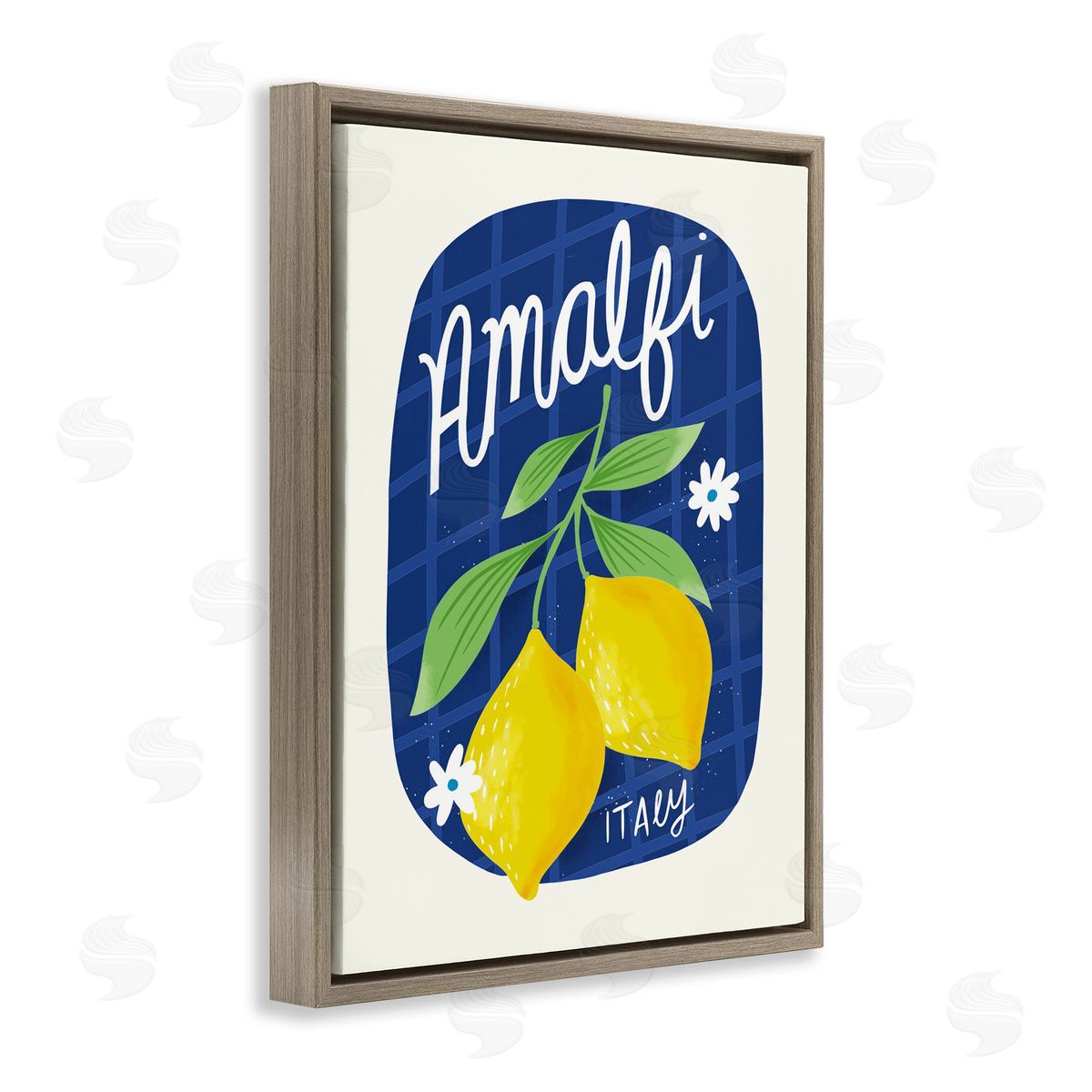 Amalfi Lemons on Blue Brown Floating Frame Canvas Wall Art, Home Decor by Louise Allen Designs