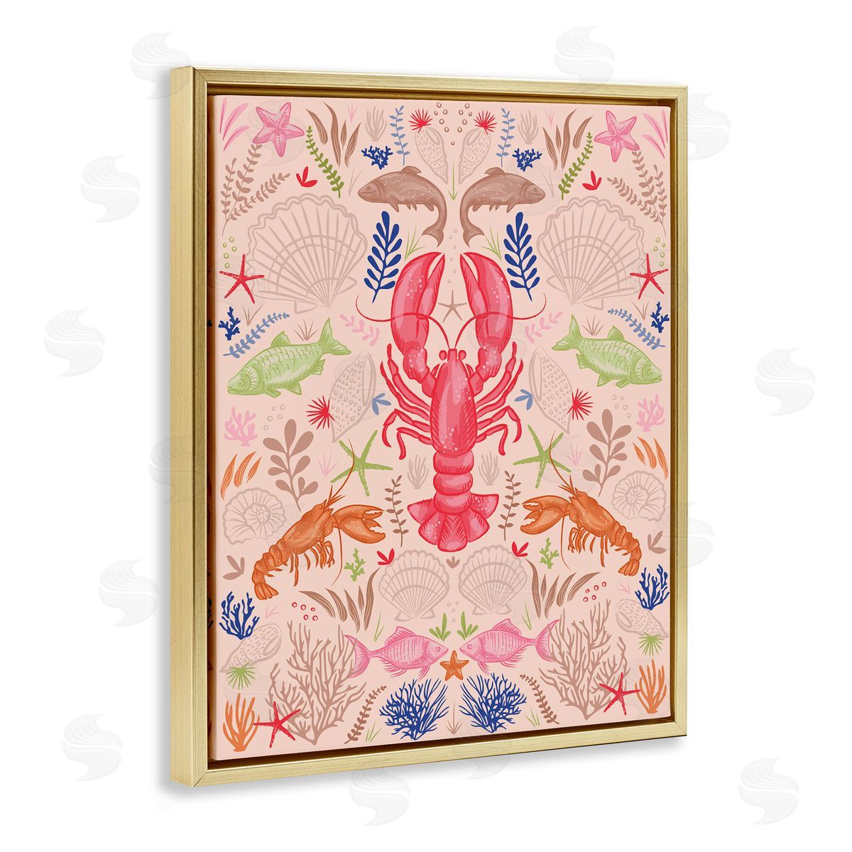 Symmetrical Sea Life Gold Floating Frame Canvas Wall Art, Home Decor by Lisa Perry Whitebutton