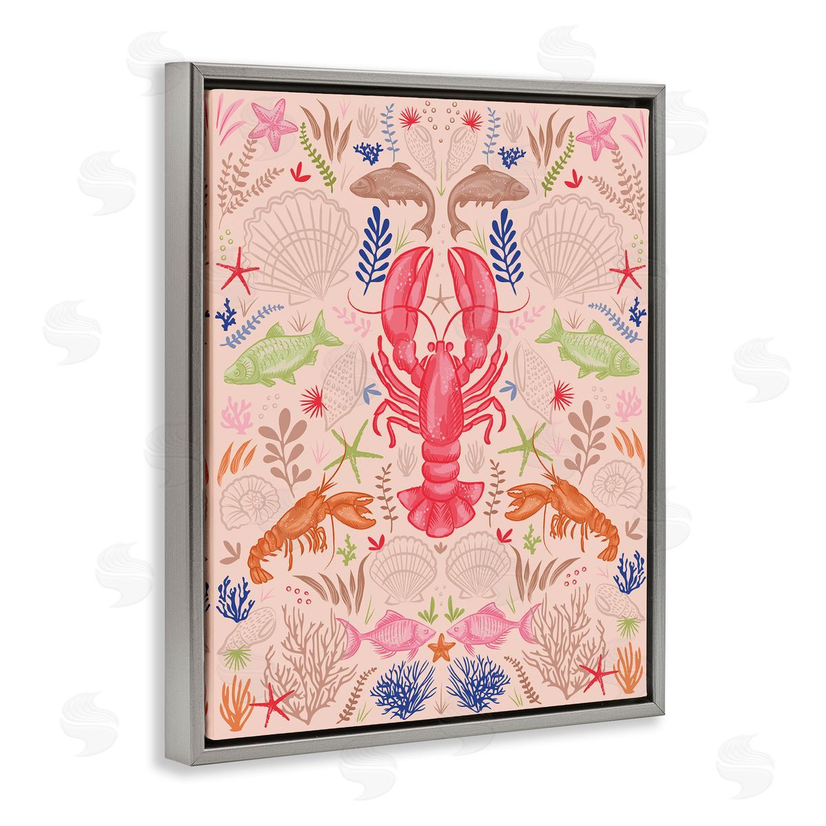 Symmetrical Sea Life Grey Floating Frame Canvas Wall Art, Home Decor by Lisa Perry Whitebutton