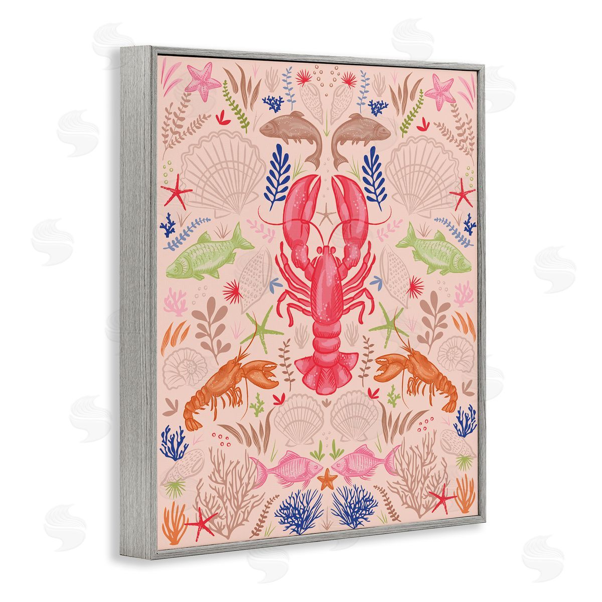 Symmetrical Sea Life Grey Frame Print Wall Art, Home Decor by Lisa Perry Whitebutton