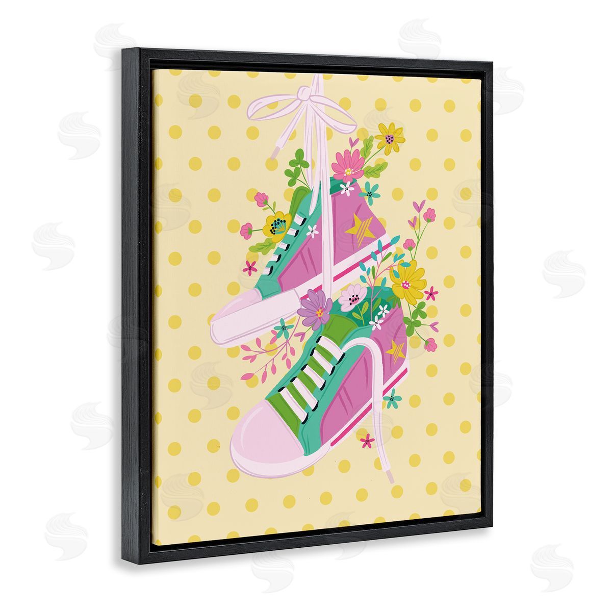 Preppy Floral Sneakers Black Floating Frame Canvas Wall Art, Home Decor by Lisa Perry Whitebutton