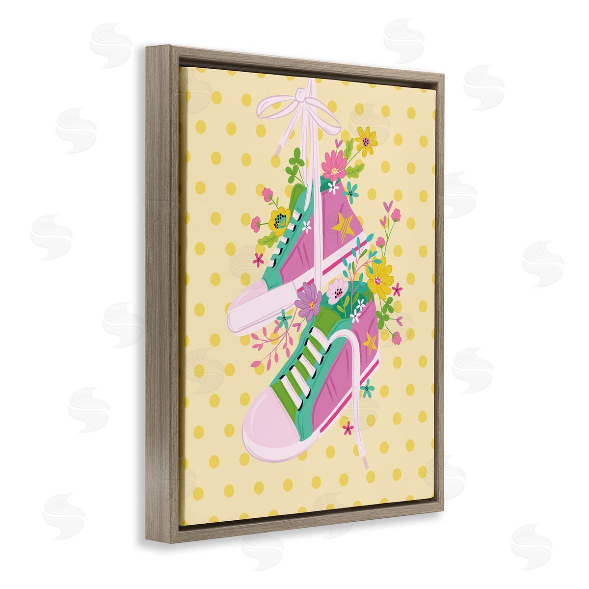 Preppy Floral Sneakers Brown Floating Frame Canvas Wall Art, Home Decor by Lisa Perry Whitebutton